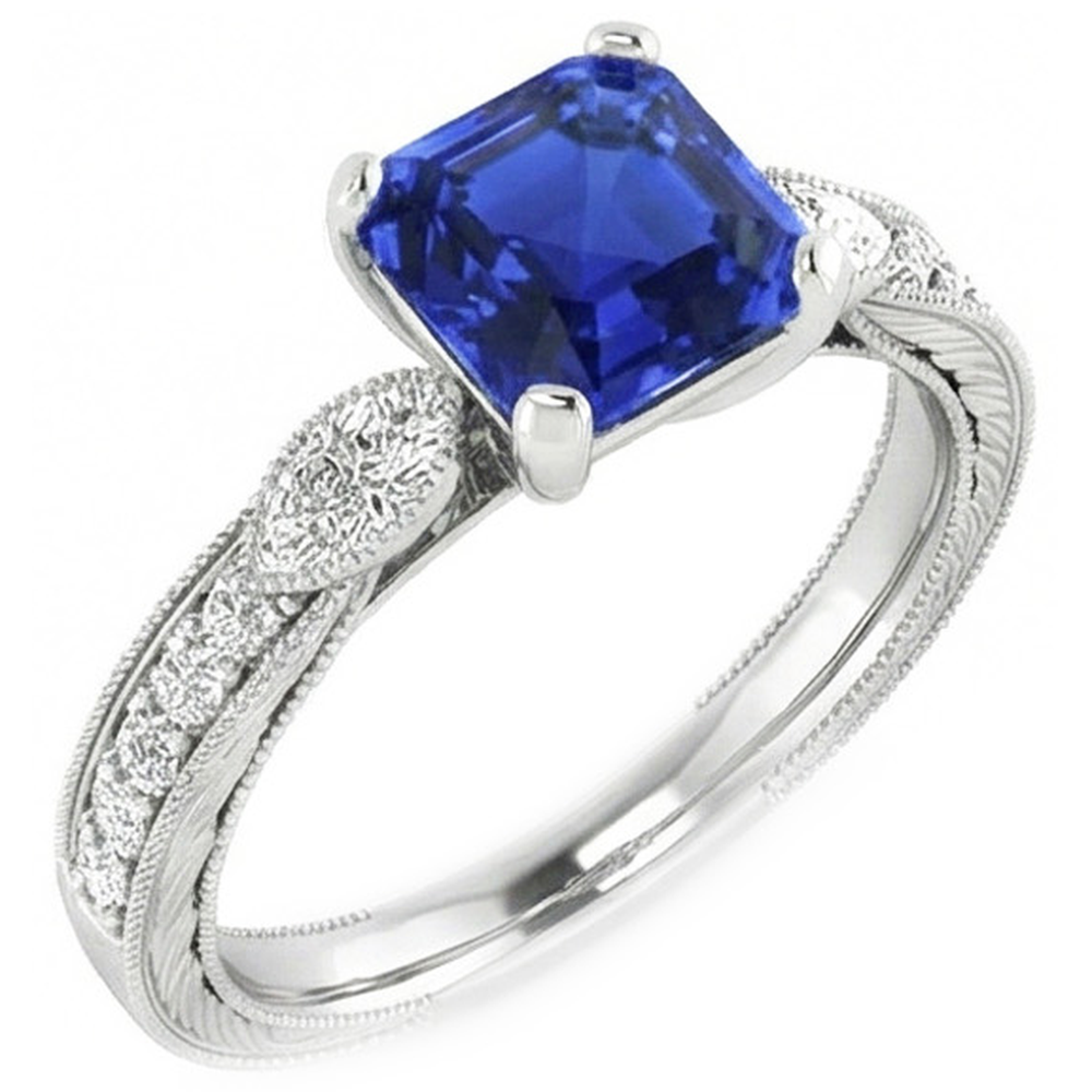 Natural Real ( Not Lab Grown )  Vintage Style Gemstone Ring Asscher Blue Sapphire With Accents 3 Carat