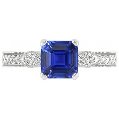 Natural Real ( Not Lab Grown )  Vintage Style Gemstone Ring Asscher Blue Sapphire With Accents 3 Carat