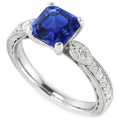 Natural Real ( Not Lab Grown )  Vintage Style Gemstone Ring Asscher Blue Sapphire With Accents 3 Carat