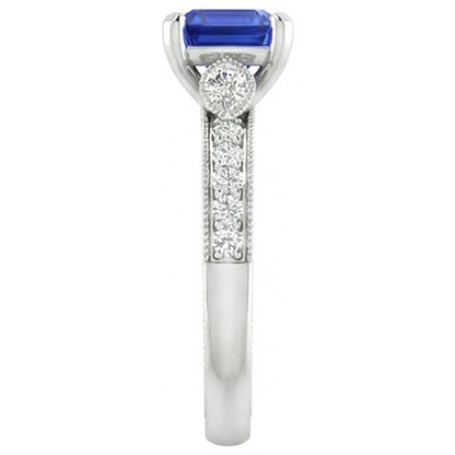 Natural Real ( Not Lab Grown )  Vintage Style Gemstone Ring Asscher Blue Sapphire With Accents 3 Carat