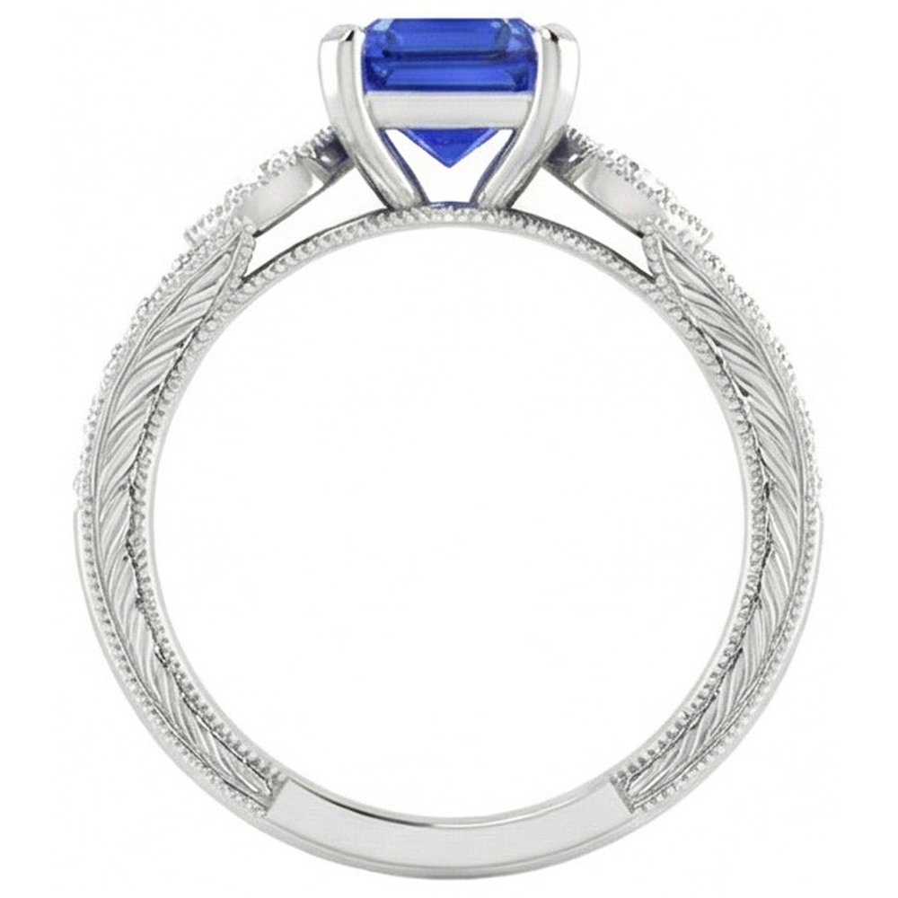 Natural Real ( Not Lab Grown )  Vintage Style Gemstone Ring Asscher Blue Sapphire With Accents 3 Carat