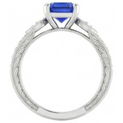 Natural Real ( Not Lab Grown )  Vintage Style Gemstone Ring Asscher Blue Sapphire With Accents 3 Carat