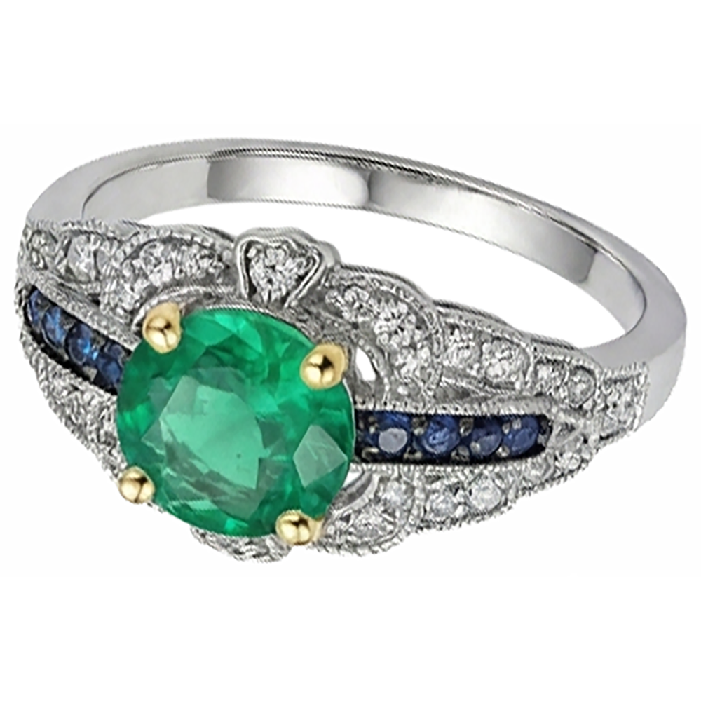 Natural Real ( Not Lab Grown ) Vintage Style Green Emerald GIA Ring With Diamonds Blue Sapphire Gemstones