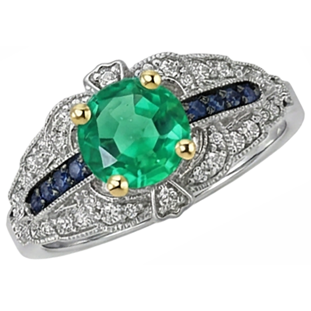 Natural Real ( Not Lab Grown ) Vintage Style Green Emerald GIA Ring With Diamonds Blue Sapphire Gemstones