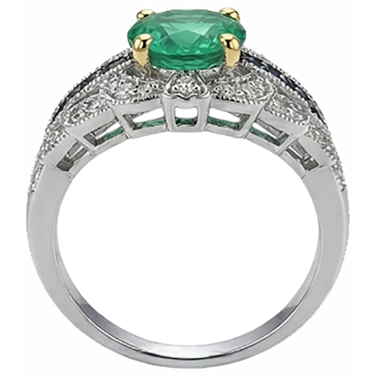 Natural Real ( Not Lab Grown ) Vintage Style Green Emerald GIA Ring With Diamonds Blue Sapphire Gemstones