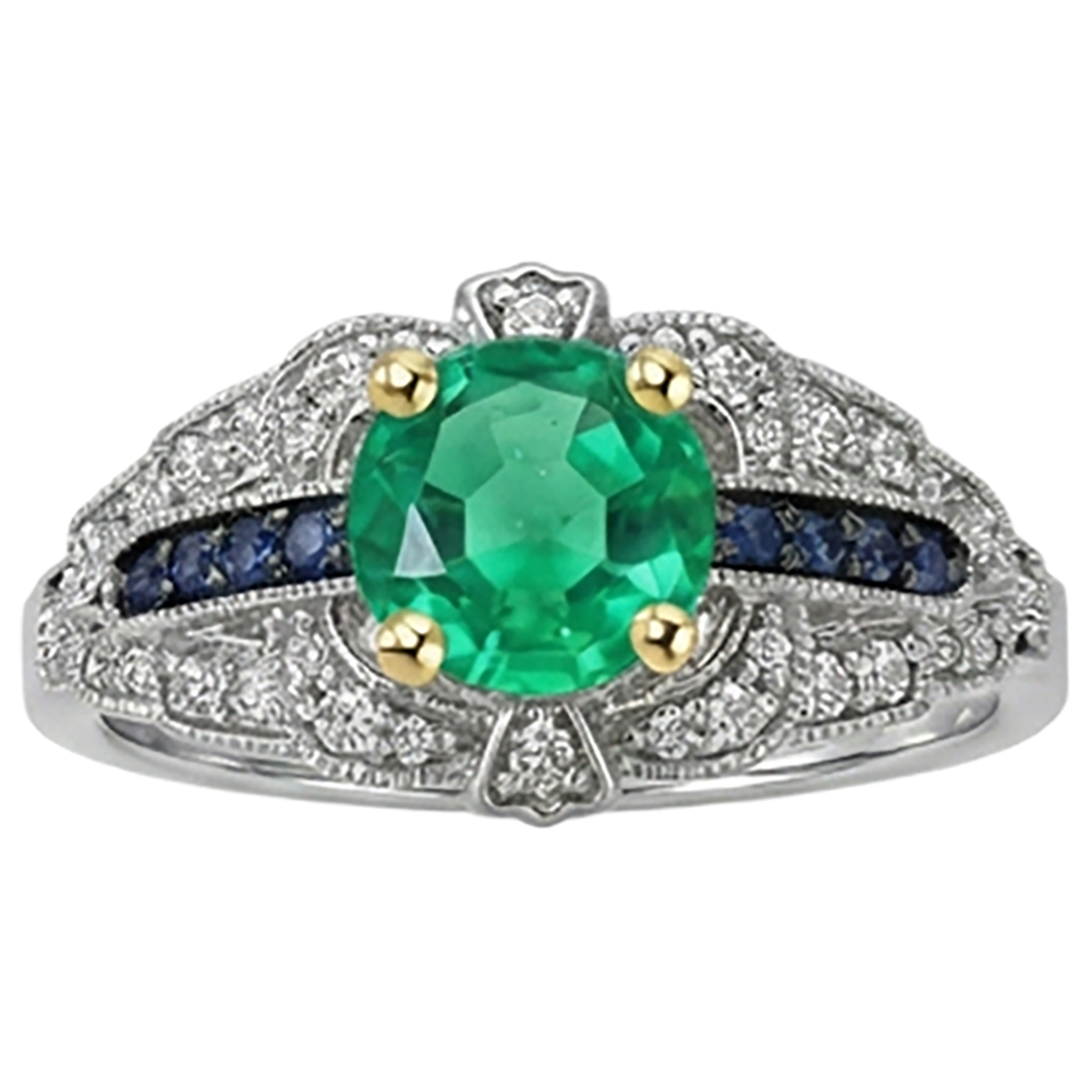 Natural Real ( Not Lab Grown ) Vintage Style Green Emerald GIA Ring With Diamonds Blue Sapphire Gemstones