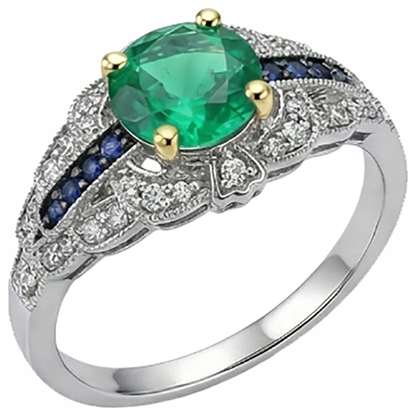 Natural Real ( Not Lab Grown ) Vintage Style Green Emerald GIA Ring With Diamonds Blue Sapphire Gemstones