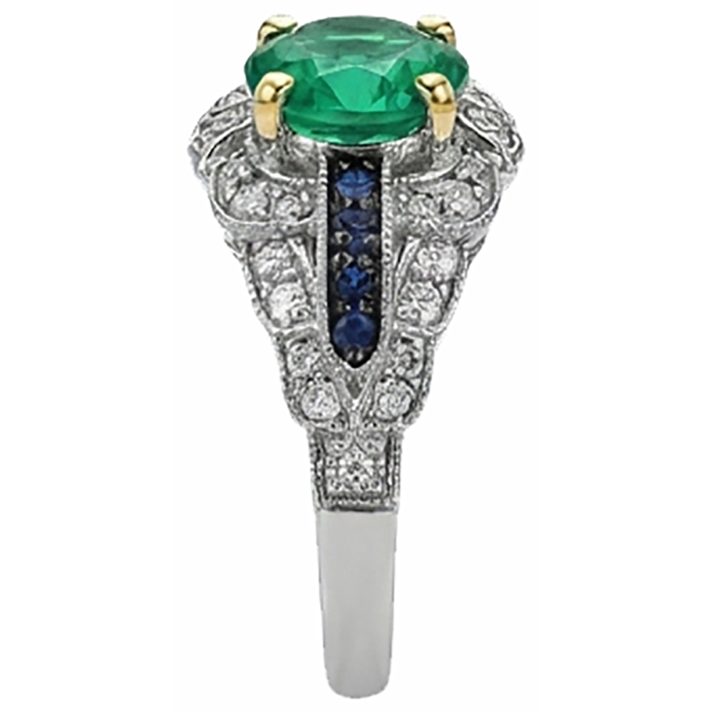 Natural Real ( Not Lab Grown ) Vintage Style Green Emerald GIA Ring With Diamonds Blue Sapphire Gemstones