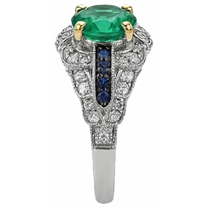 Natural Real ( Not Lab Grown ) Vintage Style Green Emerald GIA Ring With Diamonds Blue Sapphire Gemstones