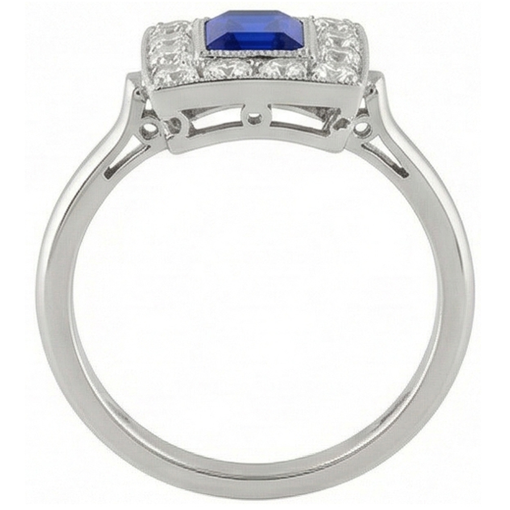 Natural Real ( Not Lab Grown )  Vintage Style Halo Ring Emerald Shaped Sapphire 2 Carats Gold Milgrain