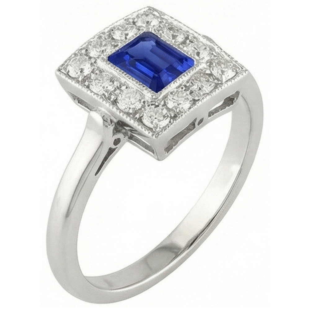 Natural Real ( Not Lab Grown )  Vintage Style Halo Ring Emerald Shaped Sapphire 2 Carats Gold Milgrain