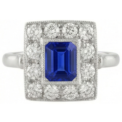 Natural Real ( Not Lab Grown )  Vintage Style Halo Ring Emerald Shaped Sapphire 2 Carats Gold Milgrain