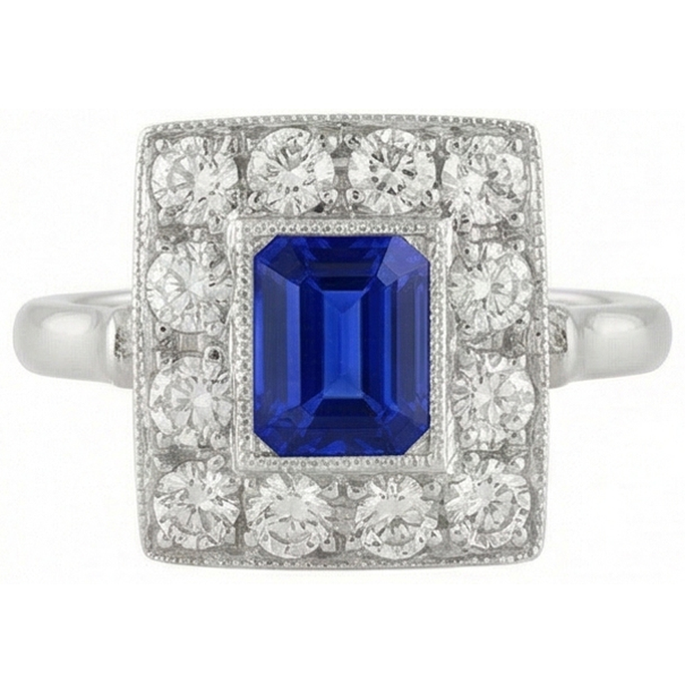 Natural Real ( Not Lab Grown )  Vintage Style Halo Ring Emerald Shaped Sapphire 2 Carats Gold Milgrain