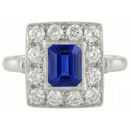 Natural Real ( Not Lab Grown )  Vintage Style Halo Ring Emerald Shaped Sapphire 2 Carats Gold Milgrain