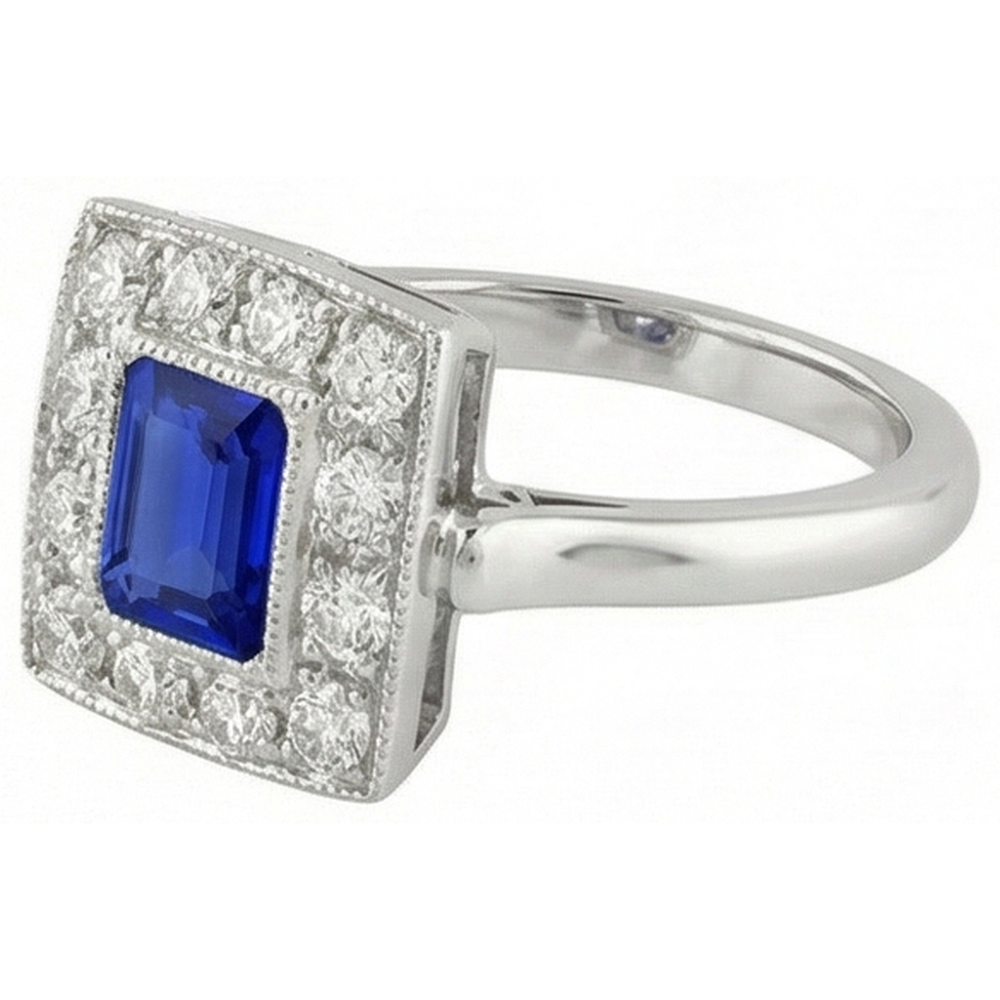 Natural Real ( Not Lab Grown )  Vintage Style Halo Ring Emerald Shaped Sapphire 2 Carats Gold Milgrain