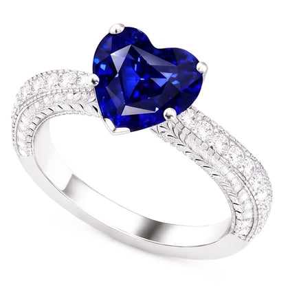 Vintage Style Natural Earth Mined Diamond Ring 4 Carats Blue Sapphire Heart Cut