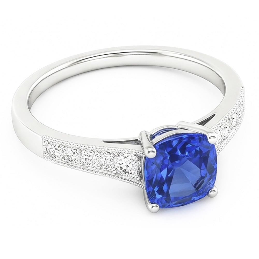 Vintage Style Natural Earth Mined Diamond Ring Cushion Ceylon Sapphire Jewelry 2.50 Carats