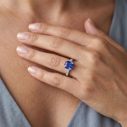 Vintage Style Natural Earth Mined Diamond Ring Cushion Ceylon Sapphire Jewelry 2.50 Carats