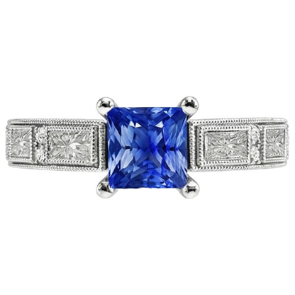 Vintage Style Princess Ceylon Sapphire & Natural Earth Mined Diamond Ring 5.50 Carats