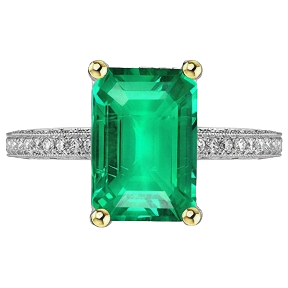 Natural Real ( Not Lab Grown ) Vintage Style Ring Green Emerald GIA Diamonds Milgrain Design