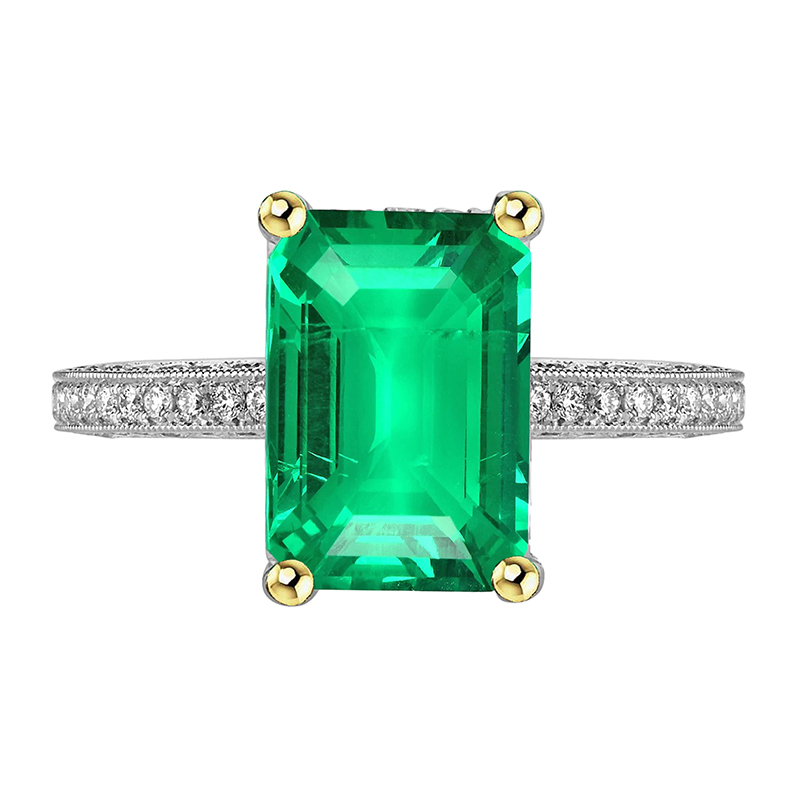 Vintage Style Ring Green Emerald Diamonds Milgrain Design