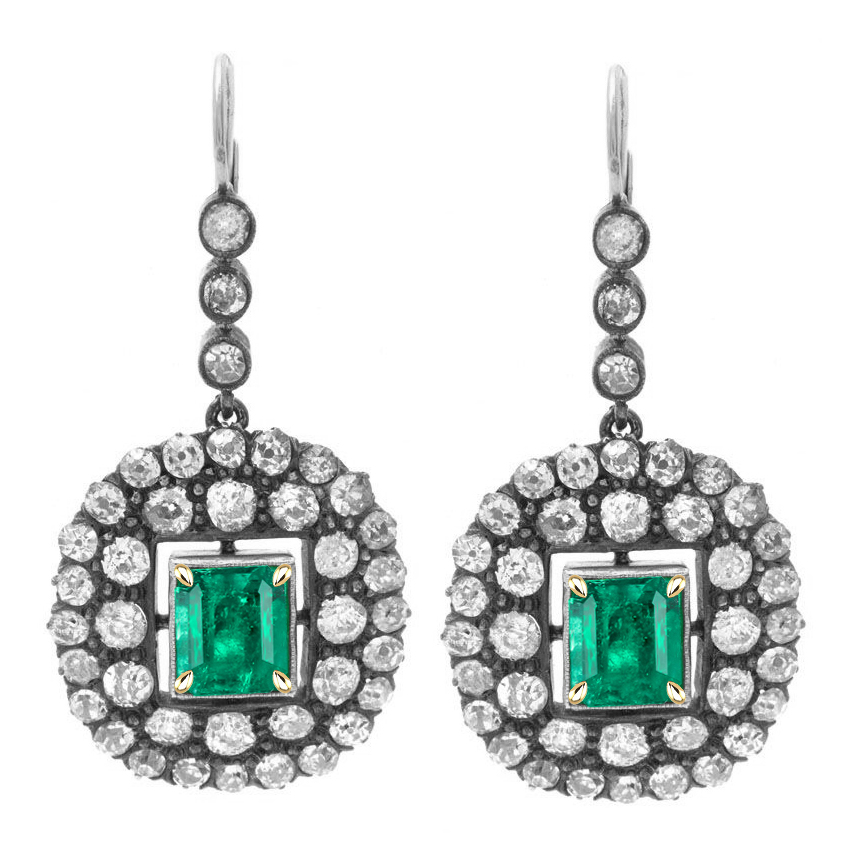 Vintage Look Dangle Earrings Green Emerald Diamond Jewelry Multi-Tone Gold