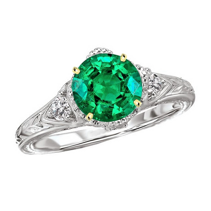 Vintage Look Green Emerald Diamond Ring 