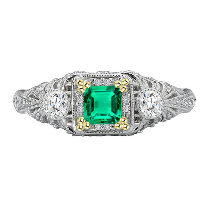 Vintage Look Green Emerald With Diamonds Ring Asscher Cut