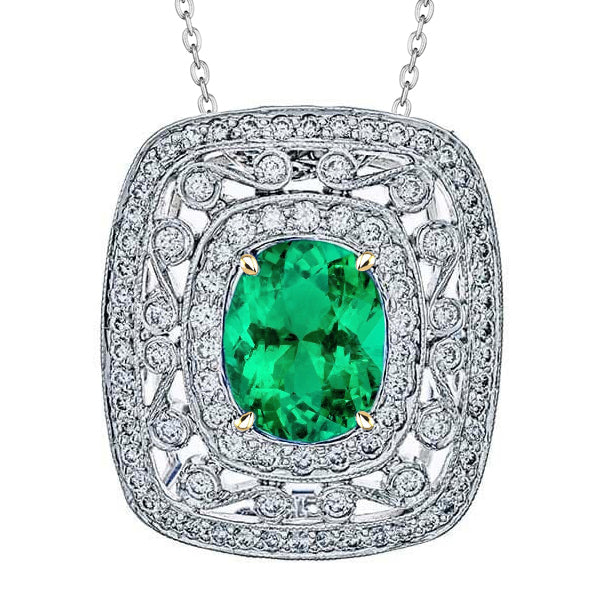 Vintage Look Colombian Green Emerald Diamond Pendant Milgrain Necklace