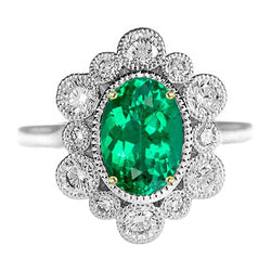 Natural Real ( Not Lab Grown ) Vintage Look Green Emerald GIA Halo Ring Dainty Two Tone Gold