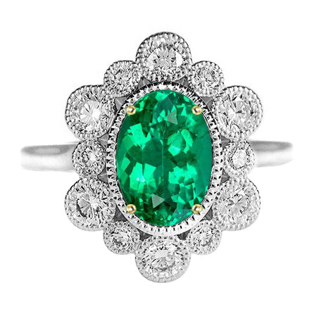 Vintage Look Green Emerald Halo Ring Dainty Two Tone Gold