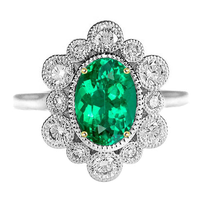 Vintage Look Green Emerald Halo Ring Dainty Two Tone Gold