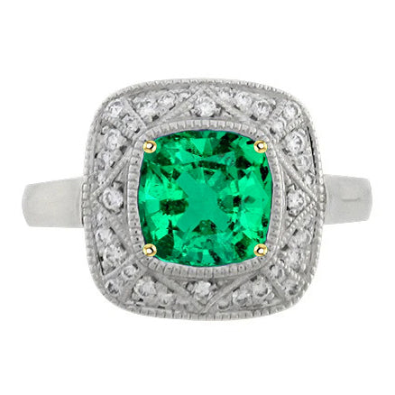 Vintage Look Green Emerald Ring With Diamonds 14K Gold