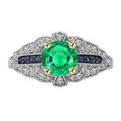Vintage Style Green Emerald Ring With Diamonds Blue Sapphire Gemstones