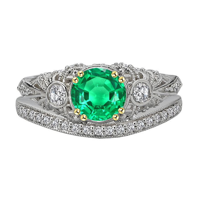 Vintage Style Green Emerald Ring Set Prong Set Gold Jewelry