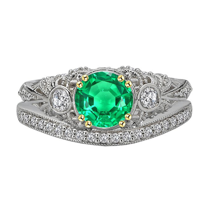 Vintage Style Green Emerald Ring Set Prong Set Gold Jewelry