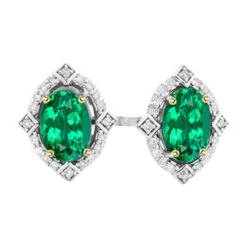 Vintage Style Oval Green Emerald Earrings Halo Studs