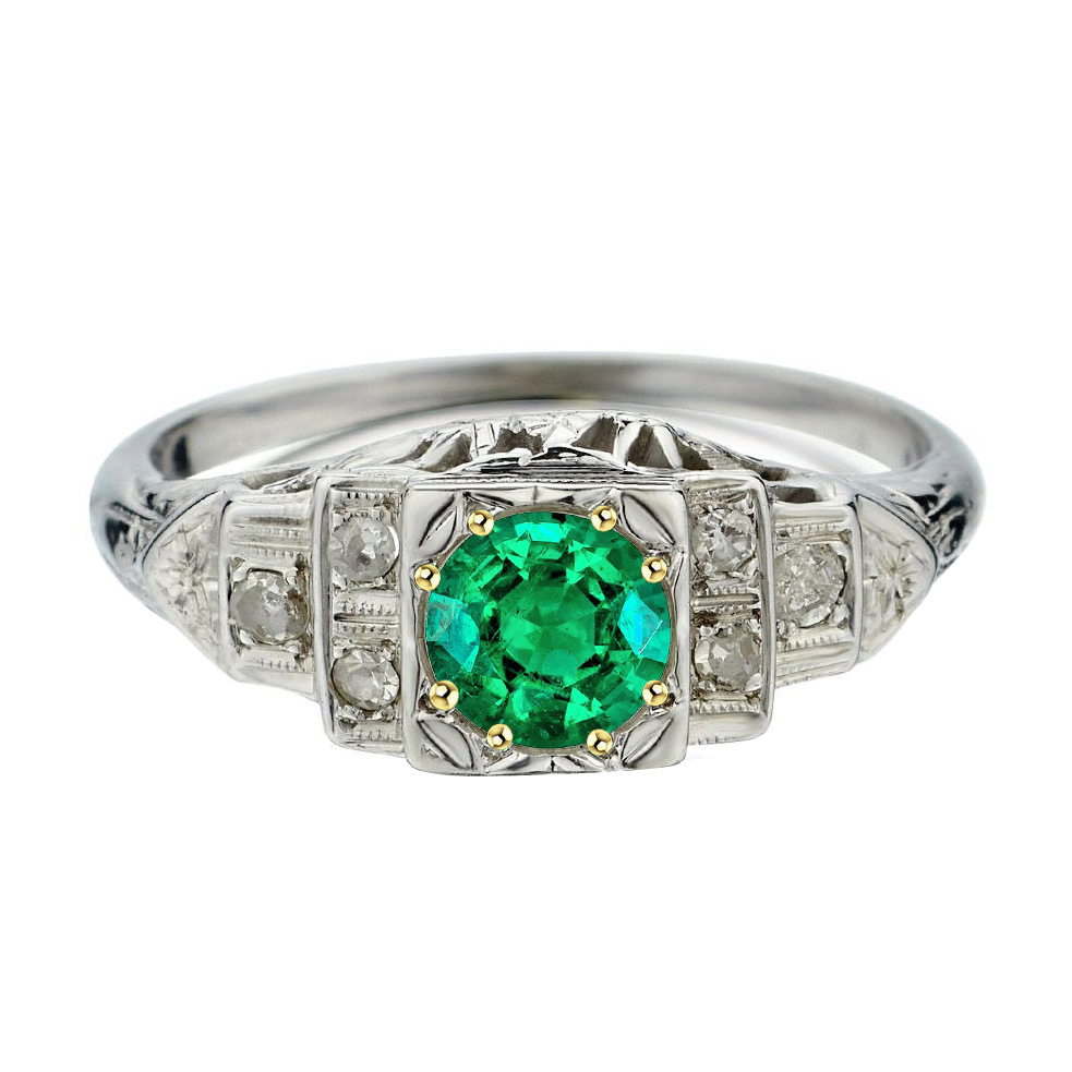 Vintage Look Green Emerald Diamond Ring For Women