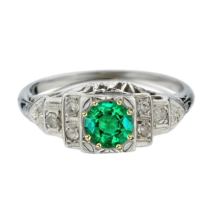 Vintage Look Green Emerald Diamond Ring For Women