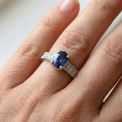 Vintage Style Ceylon Sapphire Natural Earth Mined Diamond Ring 2 Carats White Gold 14K