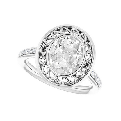 Vintage Style Halo Oval Old Cut Big Lab Grown Diamond Ring 11 Carats Bezel Set