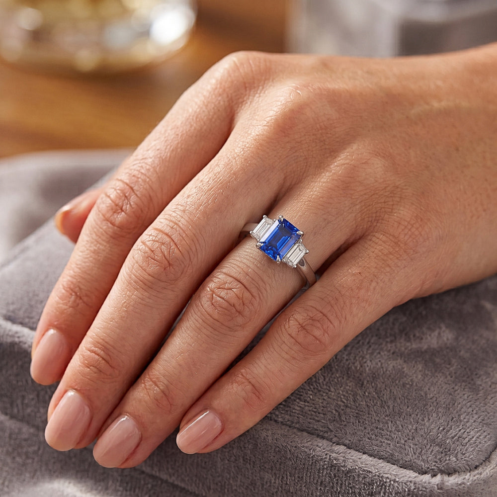 Wedding 3 Stone Ring Radiant Sapphire & Emerald Natural Earth Mined Diamonds 1.75 Carats
