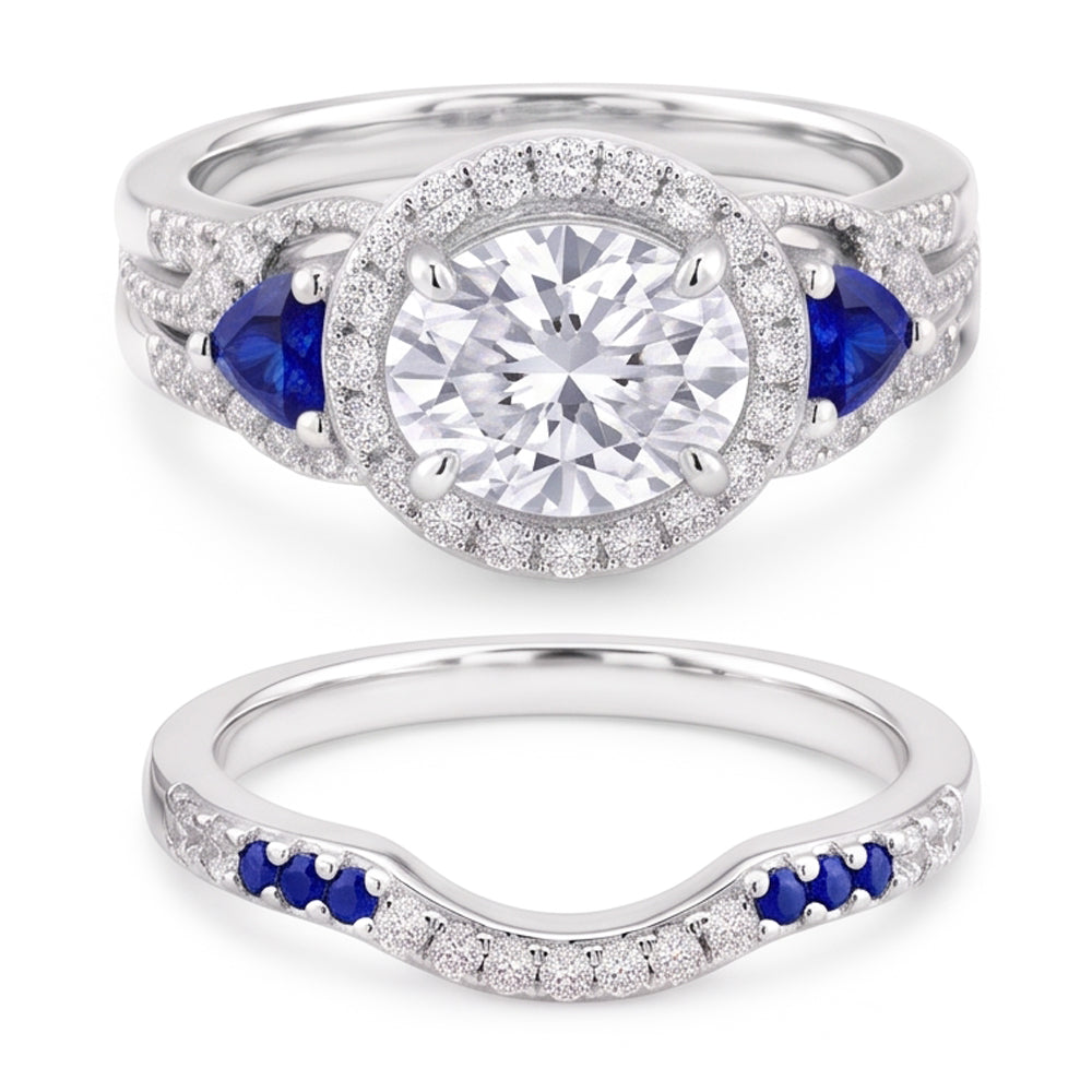 Wedding Band Set Natural Earth Mined Diamond Blue Sapphire 5 Carats Women Jewelry