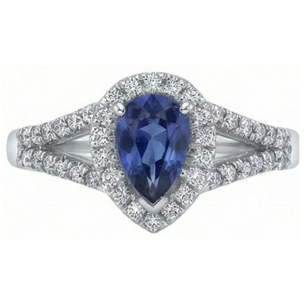 Natural Real ( Not Lab Grown )  Wedding Halo Ring Pear Ceylon Sapphire Double Shank 2.50 Carats