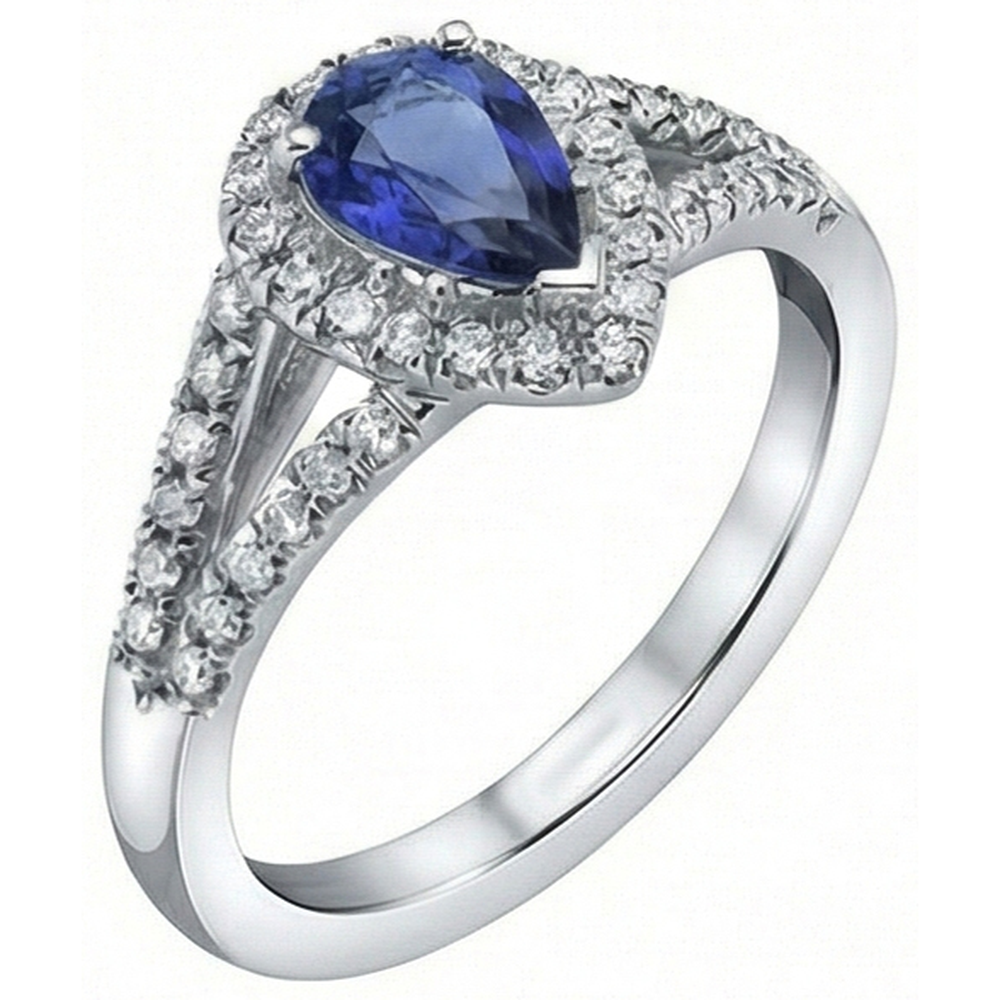 Natural Real ( Not Lab Grown )  Wedding Halo Ring Pear Ceylon Sapphire Double Shank 2.50 Carats