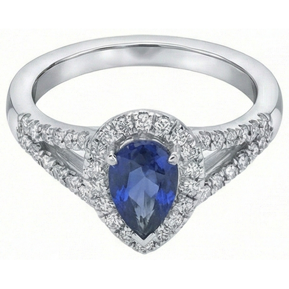 Natural Real ( Not Lab Grown )  Wedding Halo Ring Pear Ceylon Sapphire Double Shank 2.50 Carats