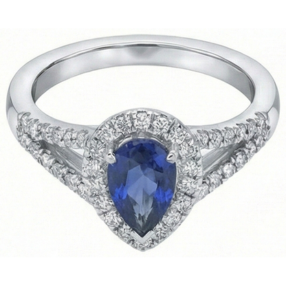 Natural Real ( Not Lab Grown )  Wedding Halo Ring Pear Ceylon Sapphire Double Shank 2.50 Carats