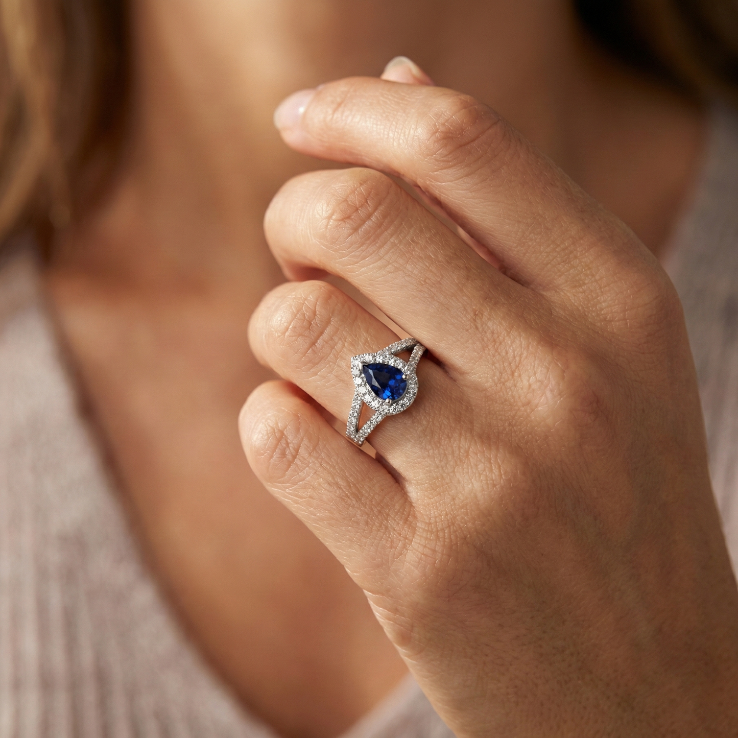 Natural Real ( Not Lab Grown )  Wedding Halo Ring Pear Ceylon Sapphire Double Shank 2.50 Carats