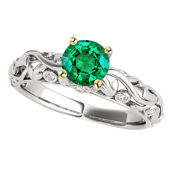 Wedding Ring Green Emerald Filigree Gold Jewelry