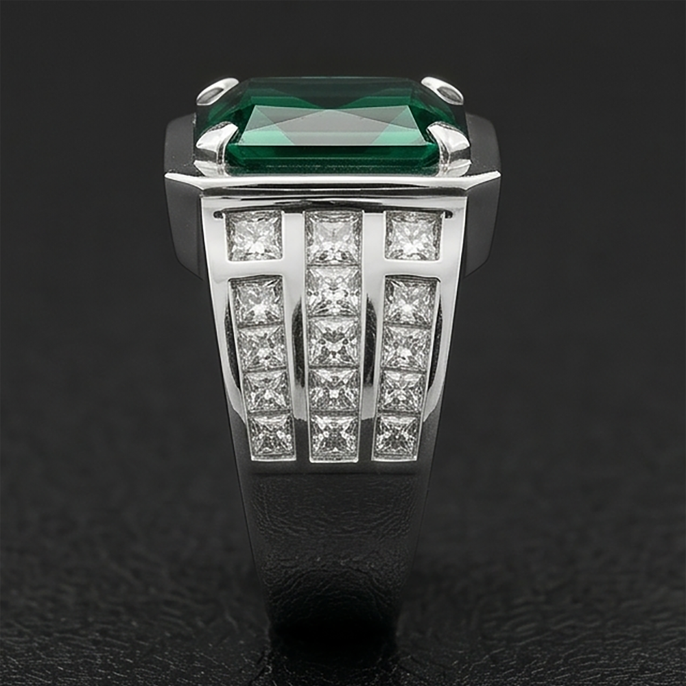 White Gold 10K Big Radiant Cut Lab Grown Green Emerald Men's Ring Jewelry